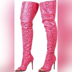 BHADDIE "Serpentina Heat" Vibrant Pink Snakeskin Over the Knee Boots
